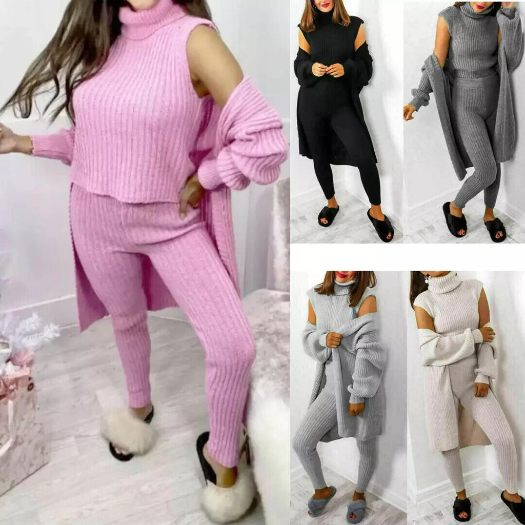 Womens 3 Piece Suit Roll Neck Chunky Knitted Tracksuit Ladies Rib Loungewear Set