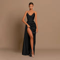 Womens Deep-V Waist-Cinching Satin Split Dress