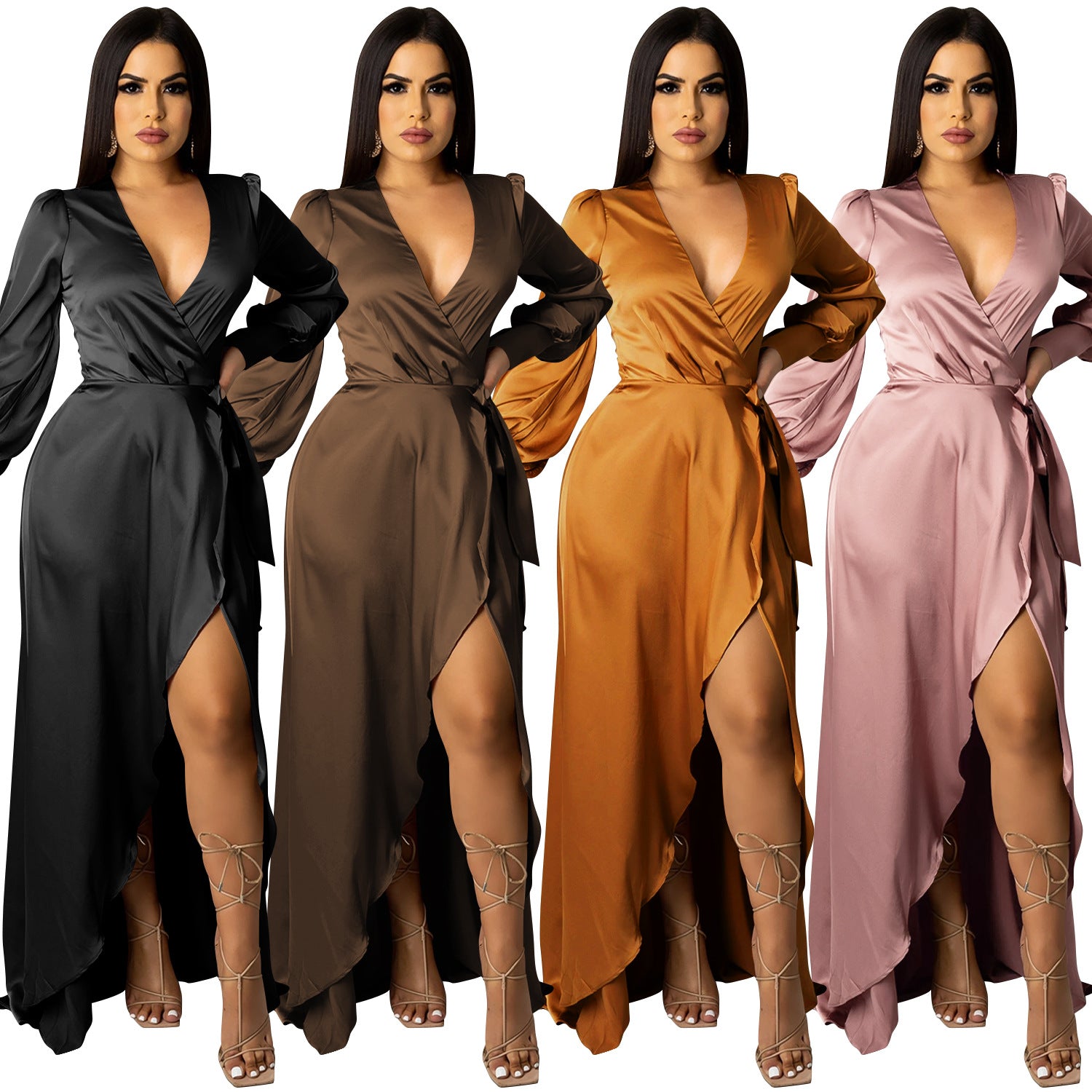 Fashion Sexy Solid Color Women's Deep V-Bandage Long Sleeve Split Maxi Dress