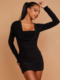 Womens Ladies Long Sleeves Sexy Ruched Slinky Drape Halter Cowl Party Mini Dress