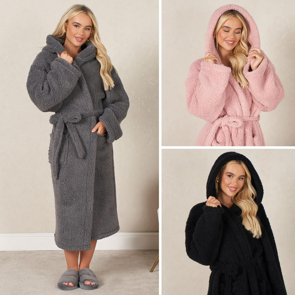 OHS Teddy Fleece Long Dressing Gown Ladies Warm House Coat Hooded Long Cosy Robe