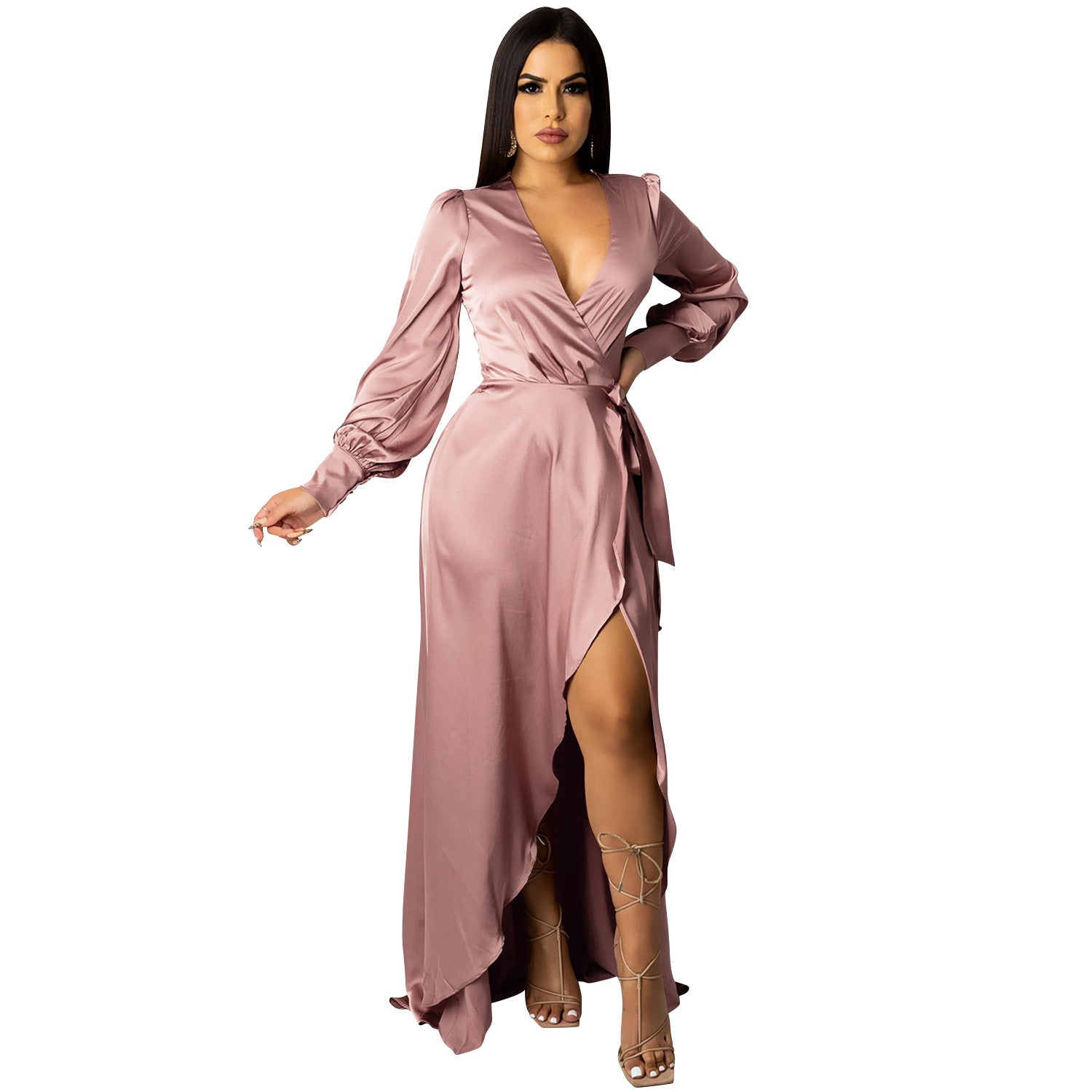 Fashion Sexy Solid Color Women's Deep V-Bandage Long Sleeve Split Maxi Dress