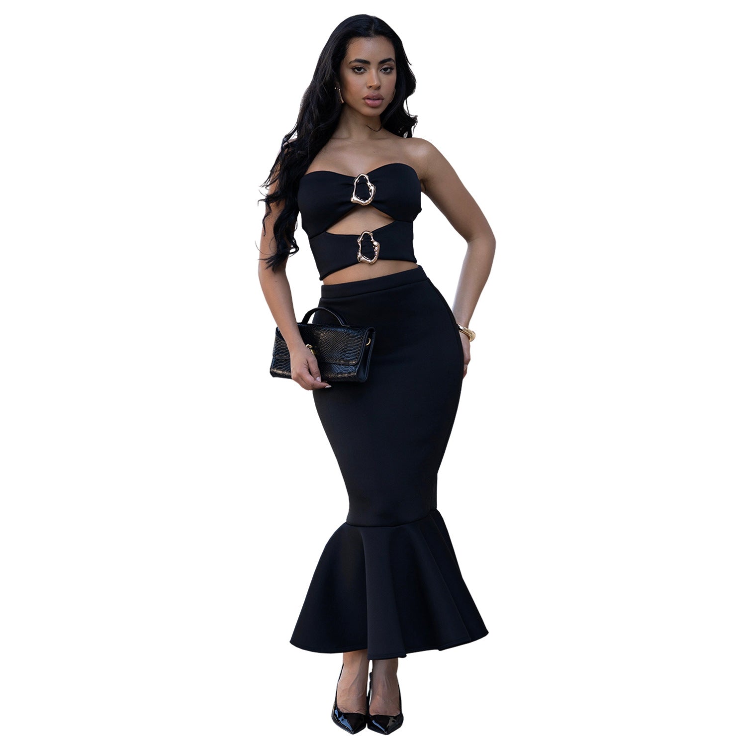 Fashion Women's Sexy Strapless Top with Lace Trim Bodycon Skirt Set