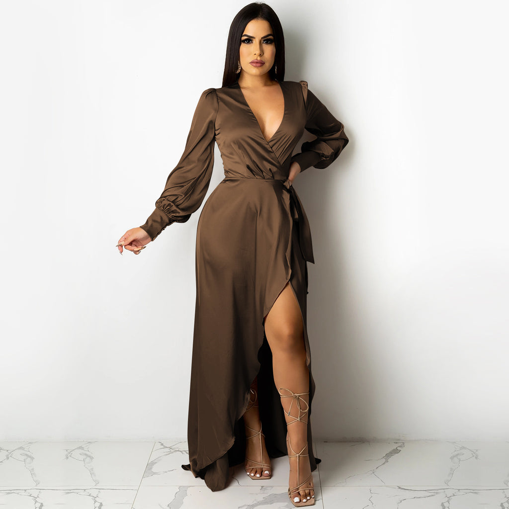 Fashion Sexy Solid Color Women's Deep V-Bandage Long Sleeve Split Maxi Dress