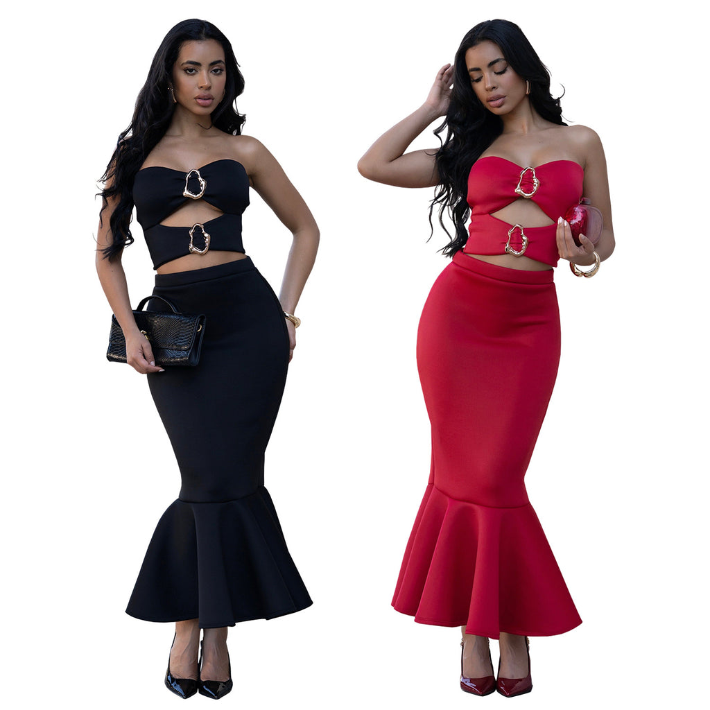 Fashion Women's Sexy Strapless Top with Lace Trim Bodycon Skirt Set