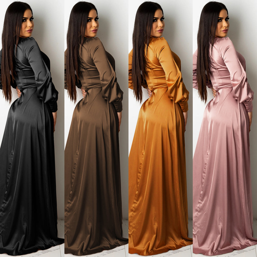 Fashion Sexy Solid Color Women's Deep V-Bandage Long Sleeve Split Maxi Dress