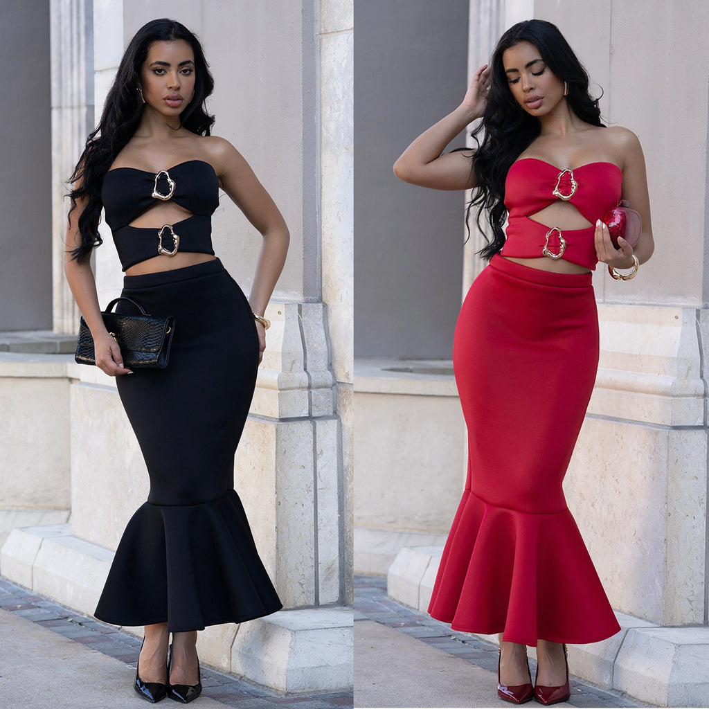 Fashion Women's Sexy Strapless Top with Lace Trim Bodycon Skirt Set