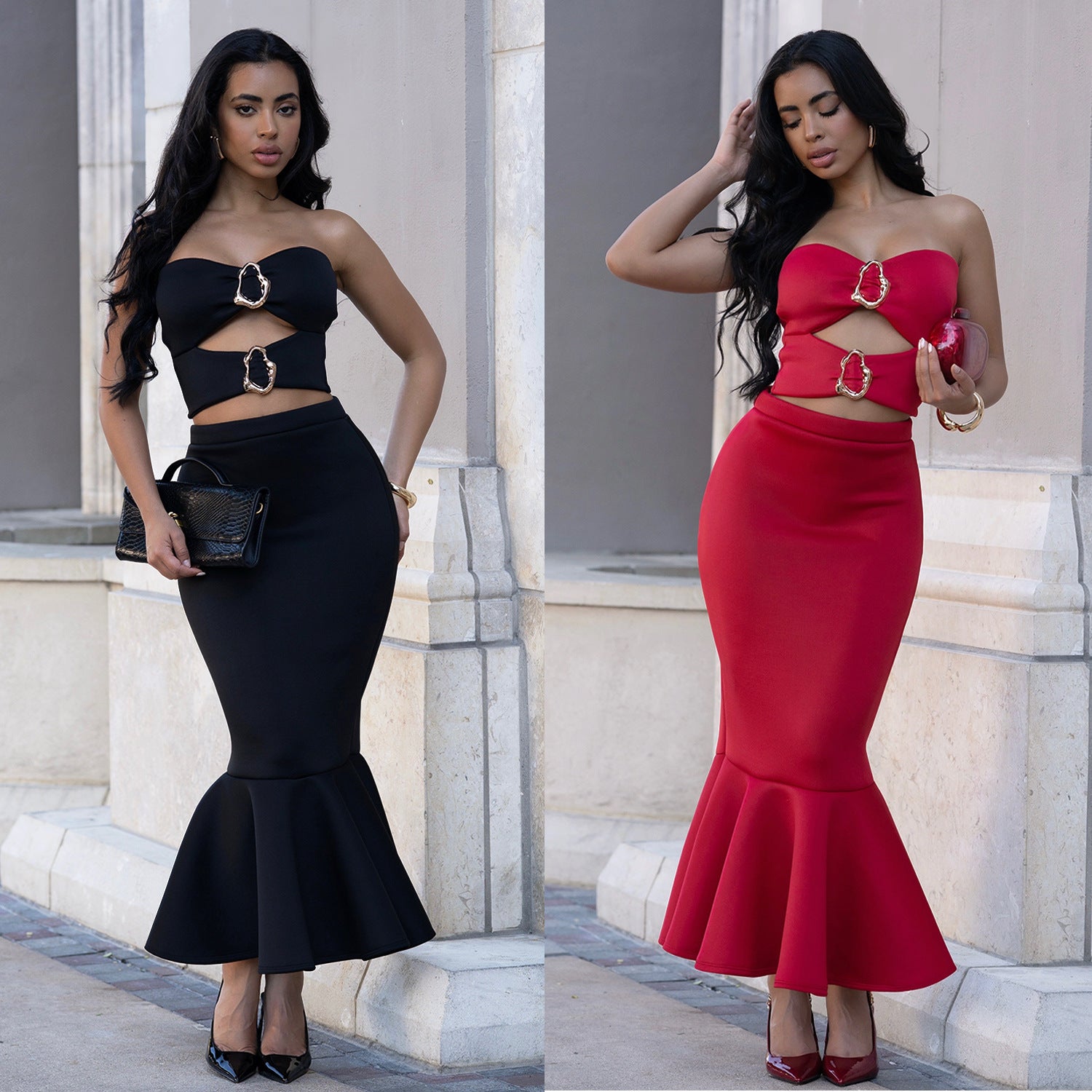 Fashion Women's Sexy Strapless Top with Lace Trim Bodycon Skirt Set