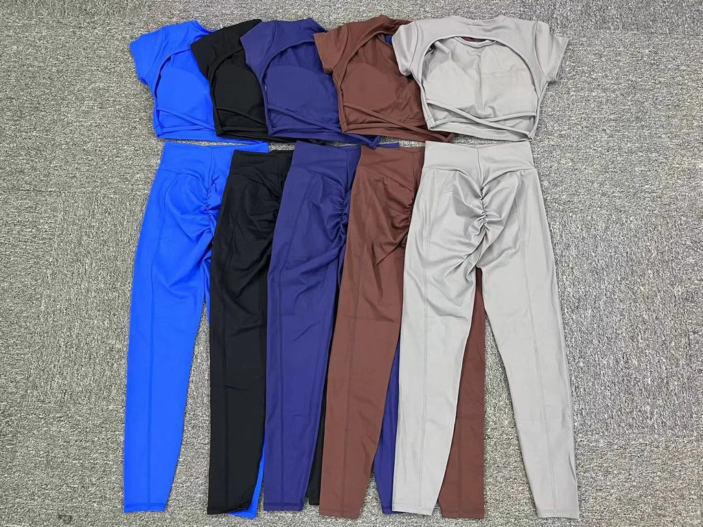 Cross Backless Sporty Set Women 2 Piece Sportswear Short Sleeve Training Suit for Fitness Yoga Wear Female Gym Workout Clothes