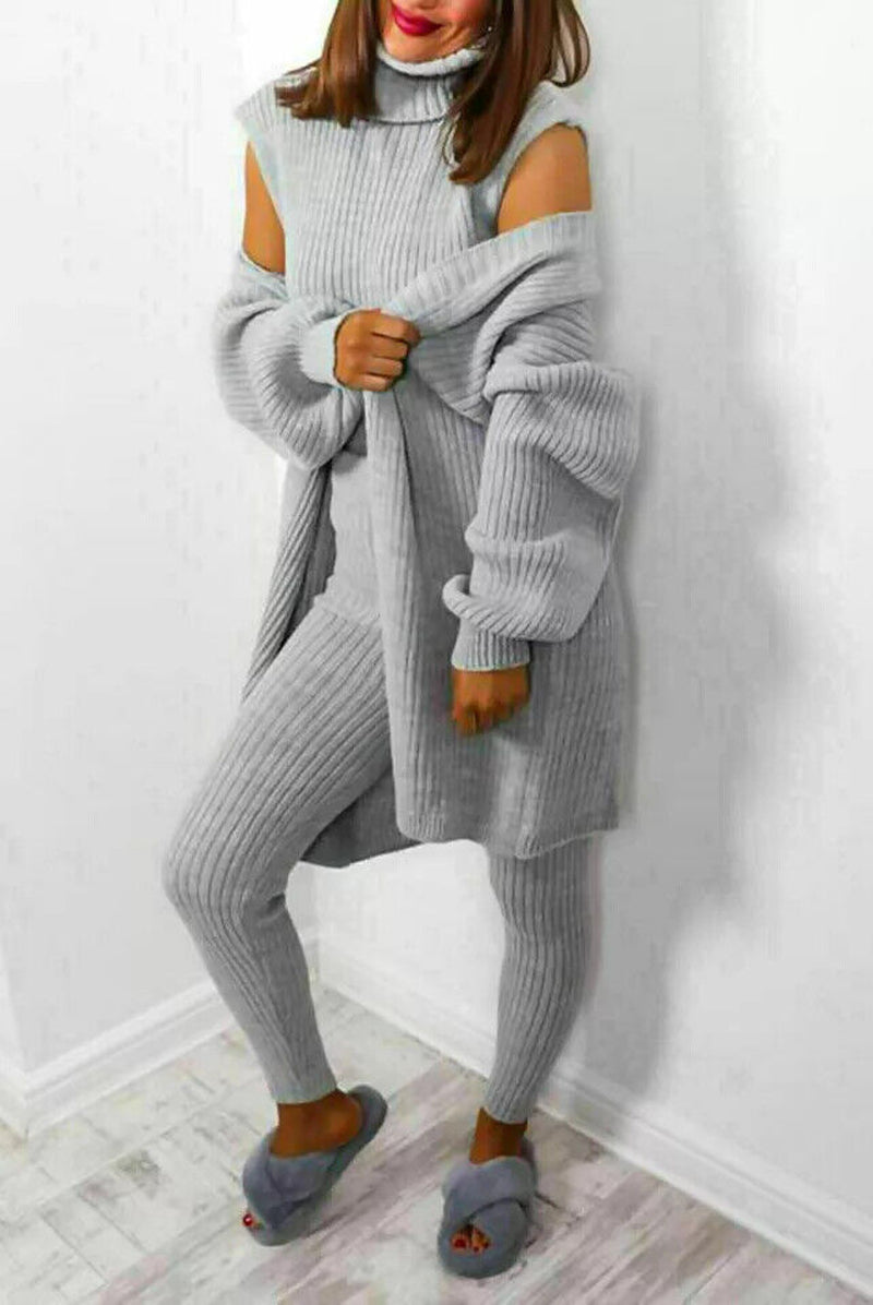 Womens 3 Piece Suit Roll Neck Chunky Knitted Tracksuit Ladies Rib Loungewear Set
